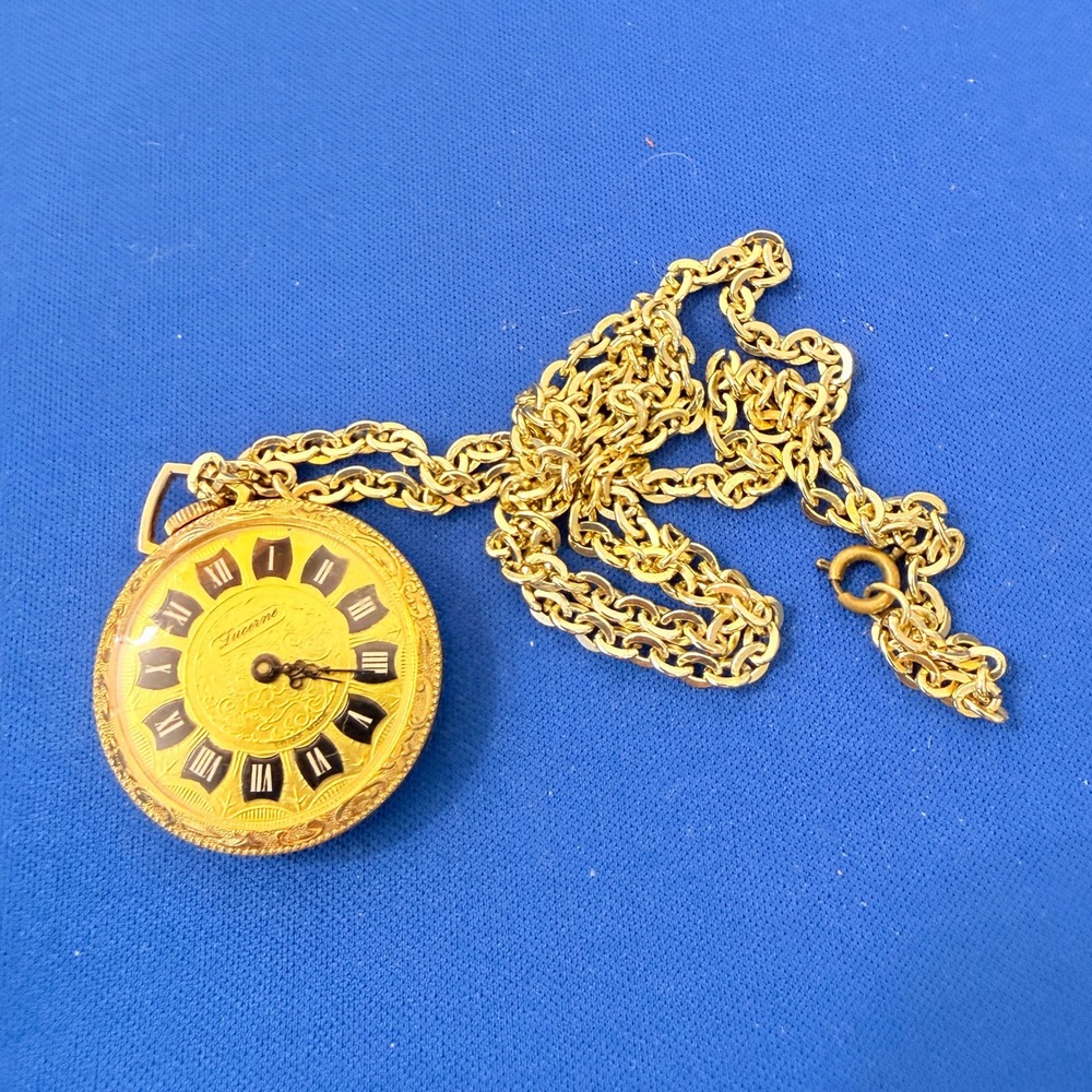 Vintage‎ Lucerne Pendant Watch Gold Tone Swiss Made Roman Numeral Necklace Chain - Picture 11 of 11
